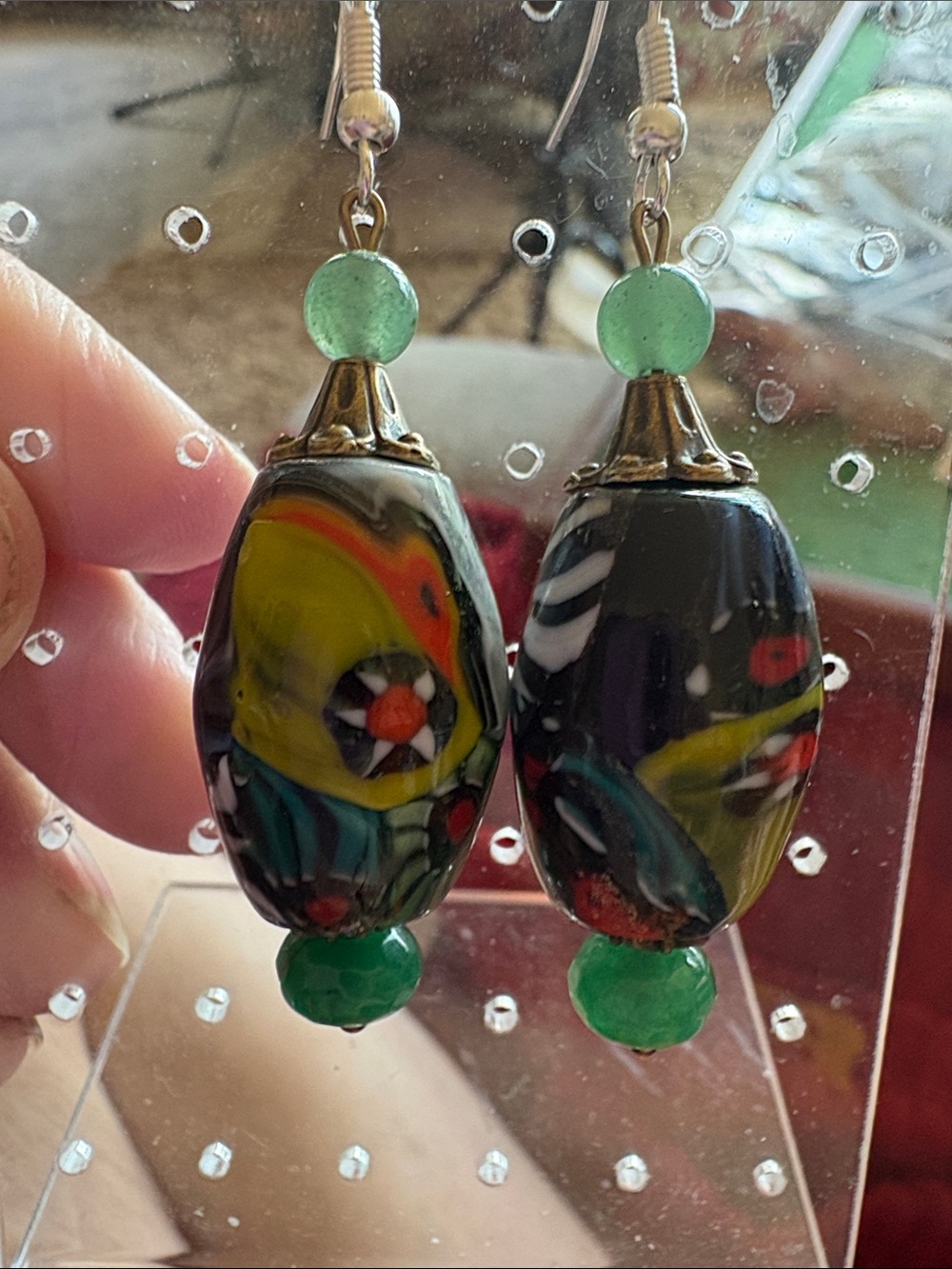 Hand Crafted Multicolor Lampwork Drop Earrings with Green Beads
